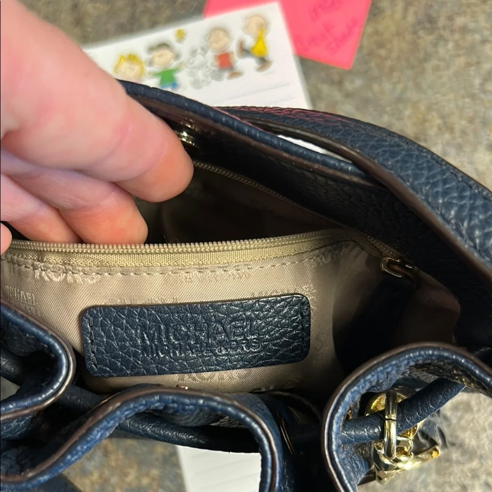 Michael Kors Navy Pebbled Leather Drawstring Crossbody with Gold MK Charm
